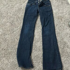 Flared, blue jeans